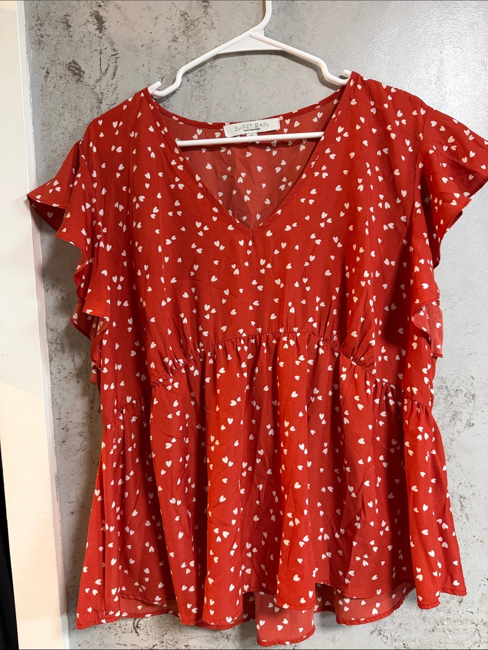 Sweet Rain Red Heart-Print V-Neck Ruffle Sleeve Blouse - Picture 1 of 2